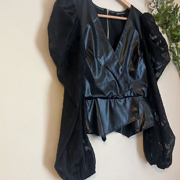 Jealous Tomato Faux Leather Puff Sleeve Top Size: M - Picture 2 of 8